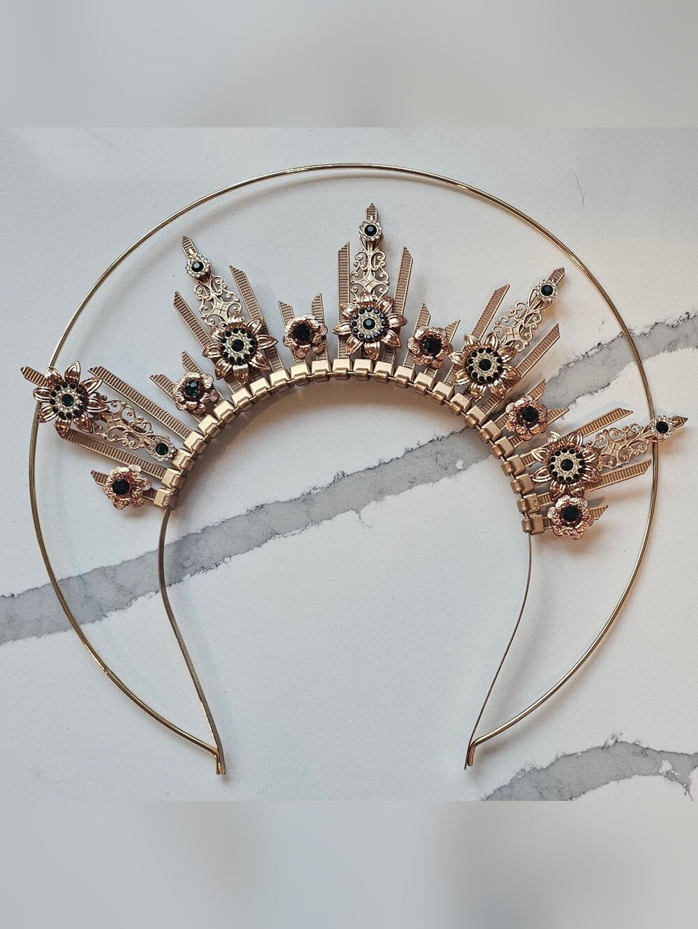 Gold-Tone Bridal Halo Crown — Emerald Rhinestones, Art Deco Sunburst Design
